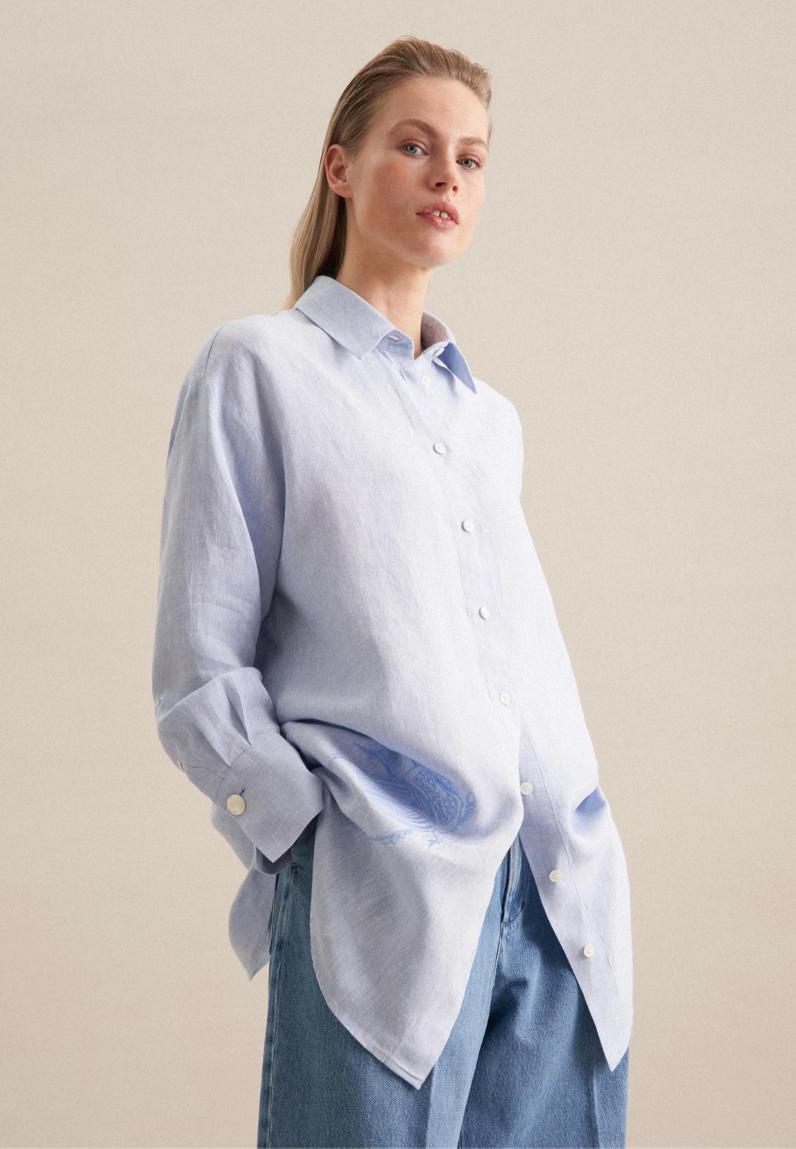 Linen Long Blouse Oversized - Blue