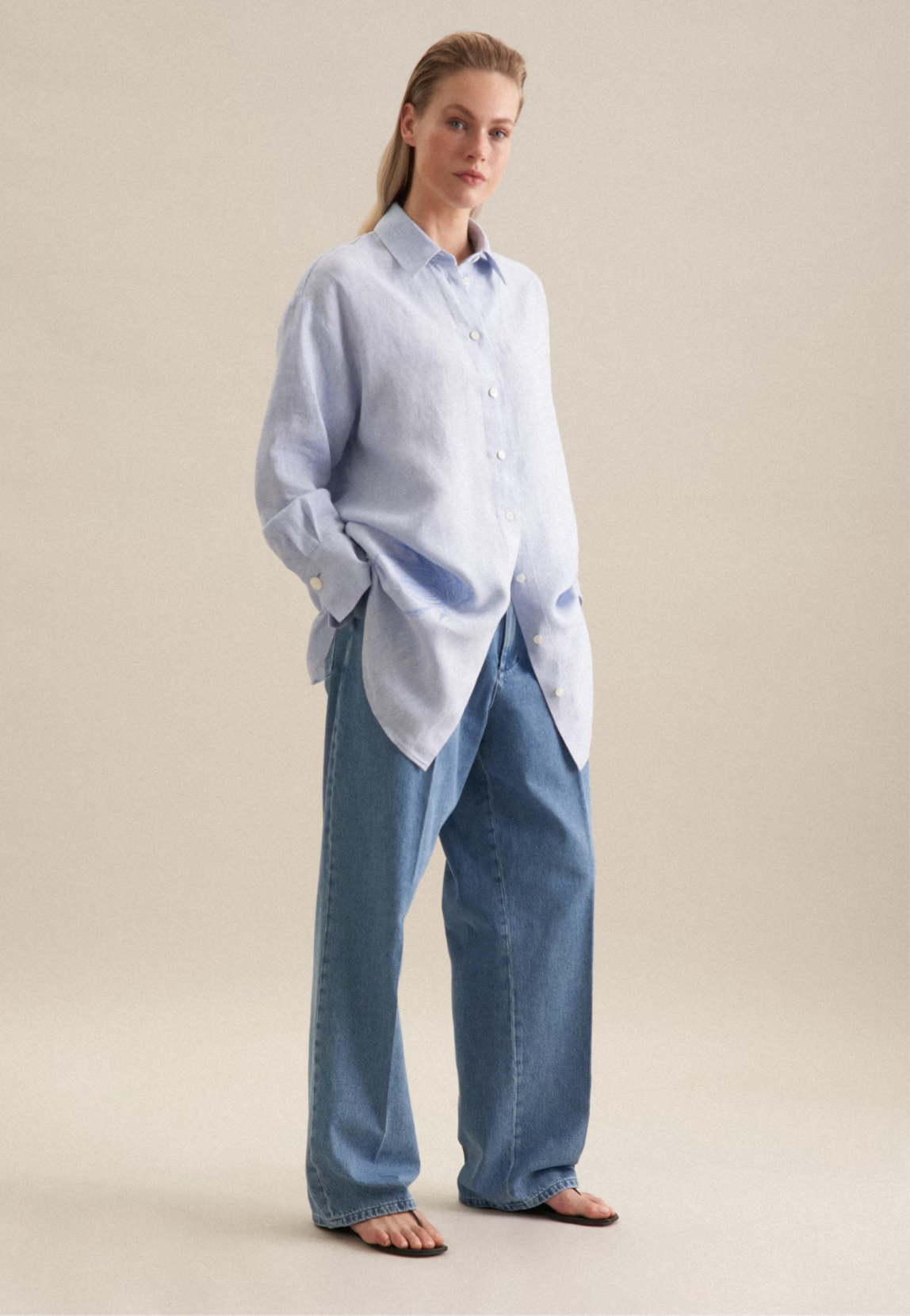 Linen Long Blouse Oversized - Blue