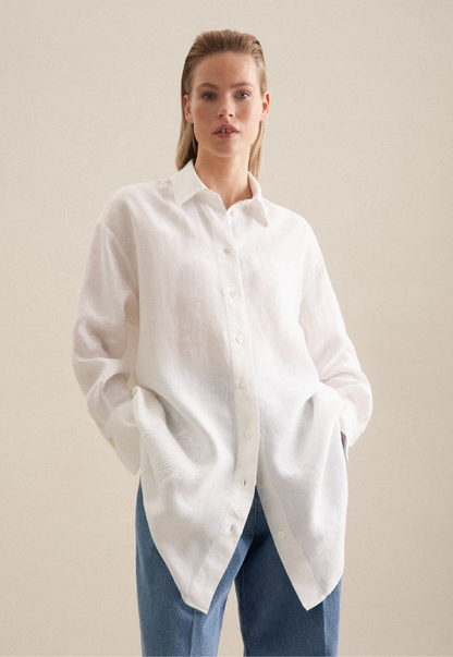 Linen Long Blouse Oversized - White