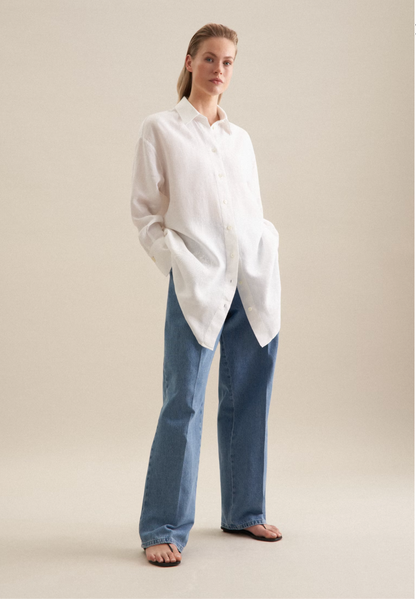 Linen Long Blouse Oversized - White