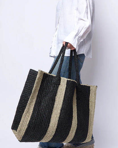 Raffia Weekender Bag Hamptons black-beige